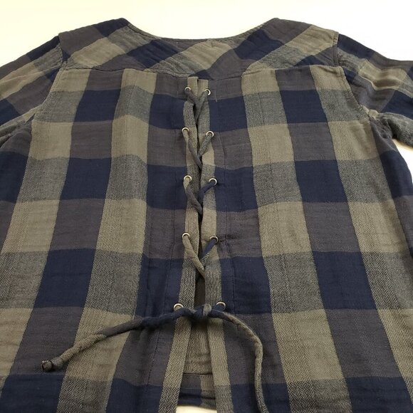 Cloth & Stone Buffalo Check Shirt Womens Gray Anthropologie Lace Up Tie Back Top - Picture 8 of 12